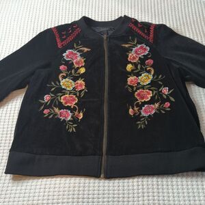 Torrid Black Embroidered Floral Velvet Bomber Jacket Zip Up Boho Cottagecore 0X